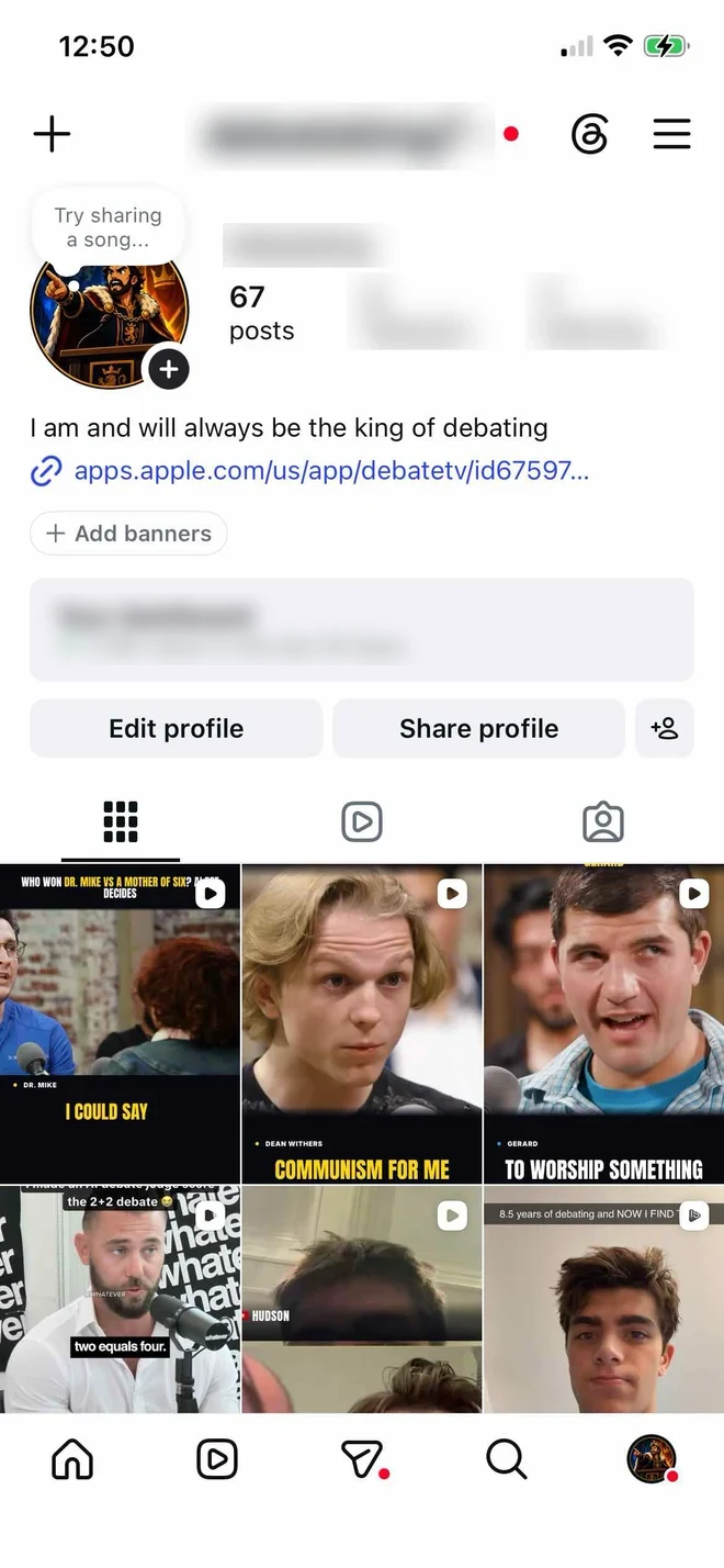 The profile afterwards: 67 posts, the new reel first in the grid